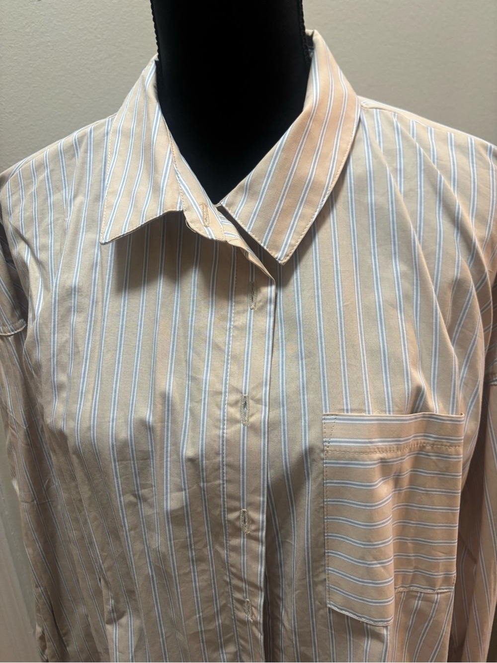 Pink Rose Women's Striped Button-Up Blouse in Beige and Light Blue